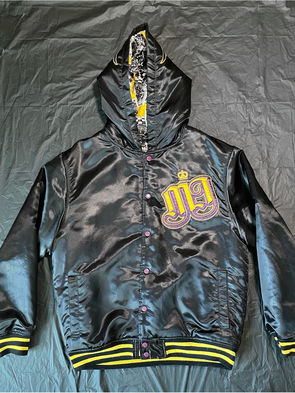 CLH Black Satin Hooded Bomber Jacket with Purple & Yellow Crest